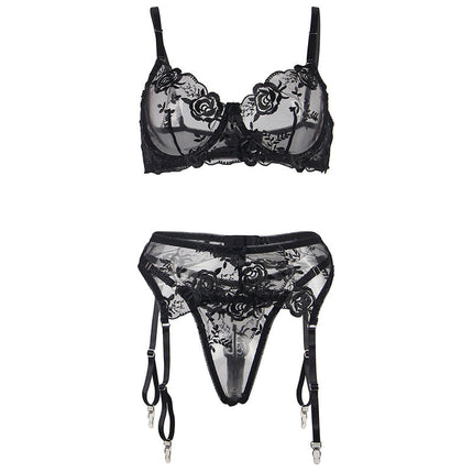 SUBBLIME - SET DE 3 BUCĂȚI SUTIEN + TANGA + PORTJAR IMPRIMEU FLORAL NEGRU S/M