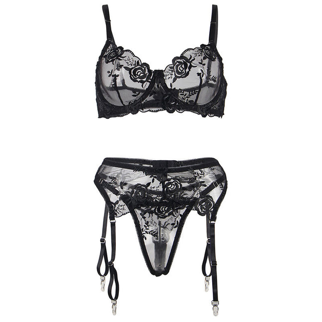 SUBBLIME - SET DE 3 BUCĂȚI SUTIEN + TANGA + PORTJAR IMPRIMEU FLORAL NEGRU S/M