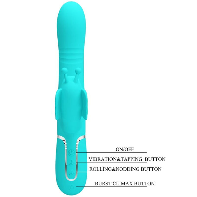 PRETTY LOVE - VIBRATOR MULTIFUNCȚIONAL IEPURE 4 ÎN 1 FLUTURE VERDE ACVATIC