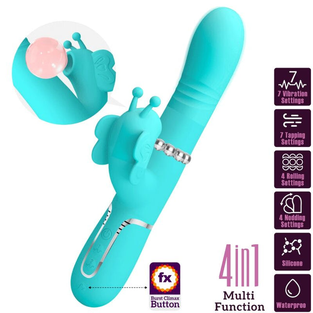 PRETTY LOVE - VIBRATOR MULTIFUNCȚIONAL IEPURE 4 ÎN 1 FLUTURE VERDE ACVATIC