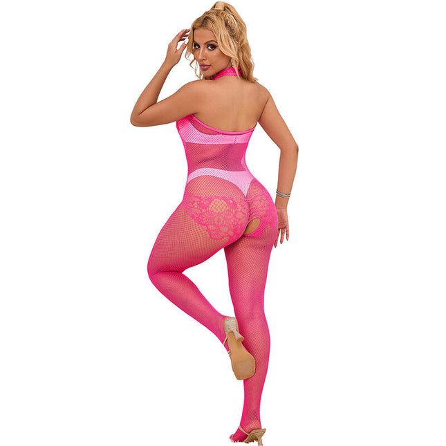 SUBBLIME - 952389 BODY-STOCKING DIN PLASĂ ȘI DANTELĂ CU GULET ÎNALT ROZ MĂRIME UNICA