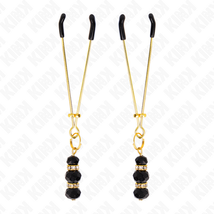 KINK - CLEMELE SUBȚIRI PENTRU SPRÂNZĂRI AURITE CU 3 MĂRGELE DE STICLĂ NEGRE 7 CM