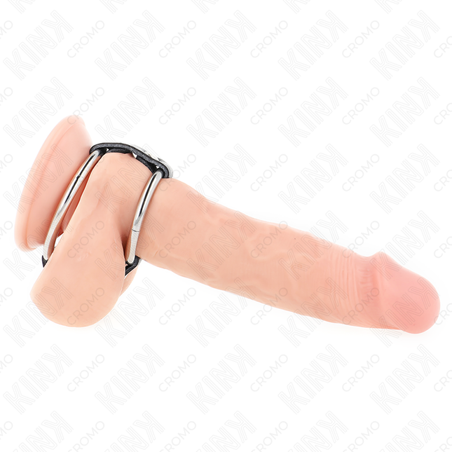 KINK - INEL DUBLU DIN METAL PENTRU PENIS DE 3,8 CM LA 5 CM, CONECTAT CU PIELE