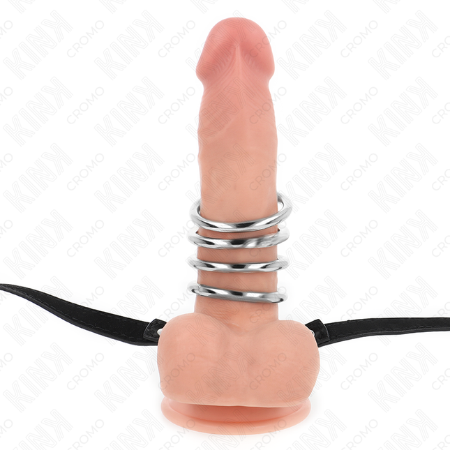 KINK - 5 INELE PENTRU PENIS 3,8 CM - 5 CM METALICE CU CUREA DIN PIELE 112 CM