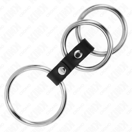 KINK - INEL TRIPLU METALIC PENTRU PENIS DE LA 3,7 CM LA 5 CM, CONECTAT CU PIELE