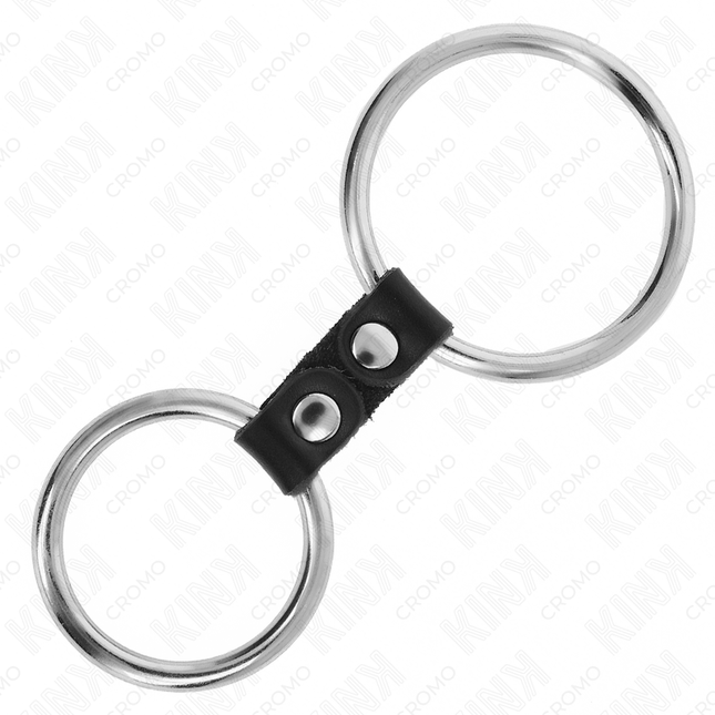 KINK - INEL DUBLU METALIC PENTRU PENIS DE 3,7 CM LA 5 CM CONECTAT CU CURELĂ DE PIELE MODEL 2
