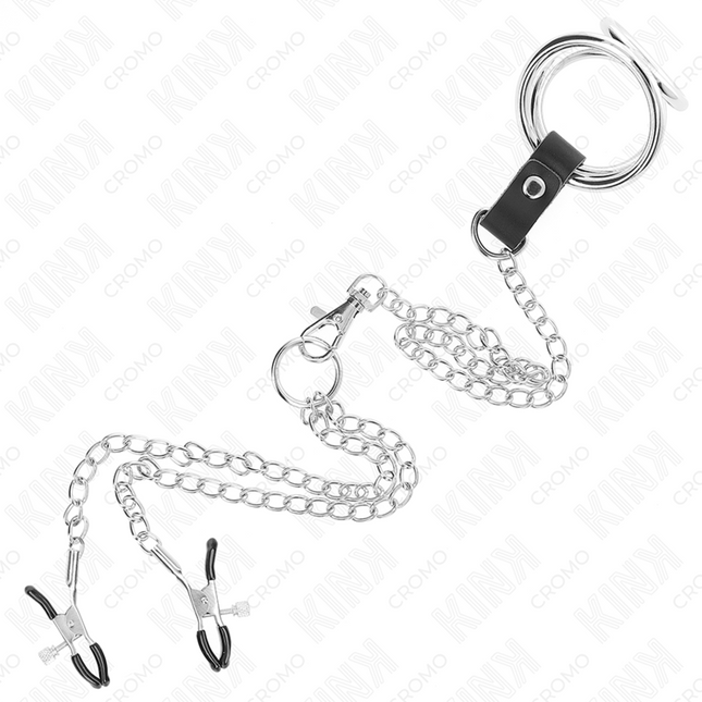 KINK - INEL TRIPLU DIN METAL CROMAT PENTRU PENIS DE LA 3,8 CM LA 5 CM CU LANȚ METALIC DE 26 CM ȘI CLEME PENTRU SFARFURI MODEL 1