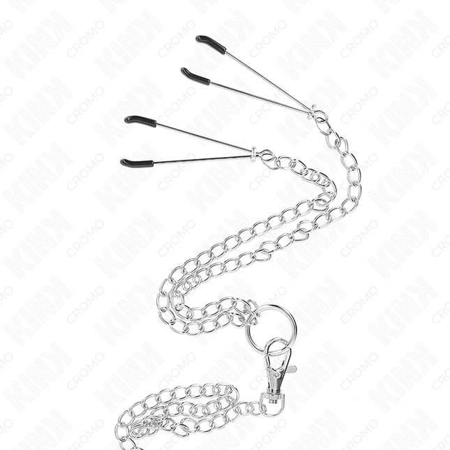KINK - INEL TRIPLU DIN METAL CROMAT PENTRU PENIS DE LA 3,8 CM LA 5 CM CU LANȚ METALIC DE 26 CM ȘI CLEME PENTRU SFARFURI MODEL 2