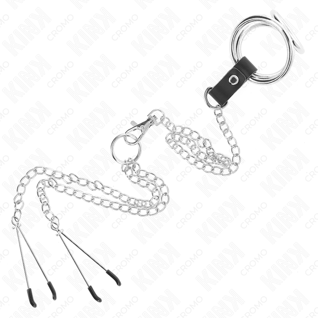 KINK - INEL TRIPLU DIN METAL CROMAT PENTRU PENIS DE LA 3,8 CM LA 5 CM CU LANȚ METALIC DE 26 CM ȘI CLEME PENTRU SFARFURI MODEL 2
