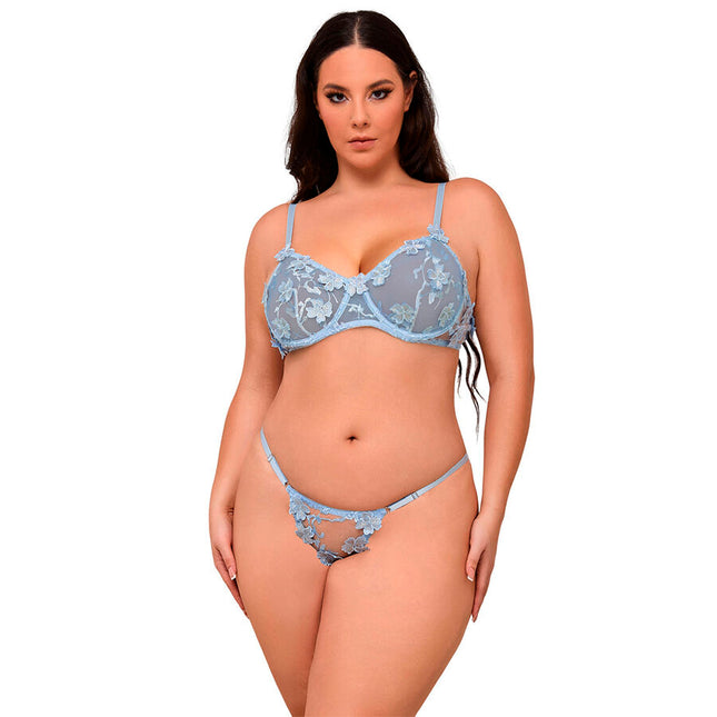 SUBBLIME - 957629 SET SUTIEN ȘI CHILIȚI CU BRODERI CU FLORI ALBASTRU CEL S/M