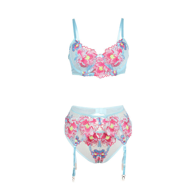 SUBBLIME - 957643 SET SUTIEN ȘI PORTJAR CU BRODERE FLORALĂ ROZ S/M