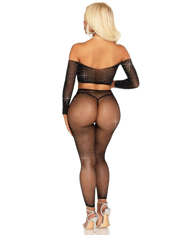 LEG AVENUE - CROP TOP AND FISHNET LEGGING WITH RHINESTONES BLACK