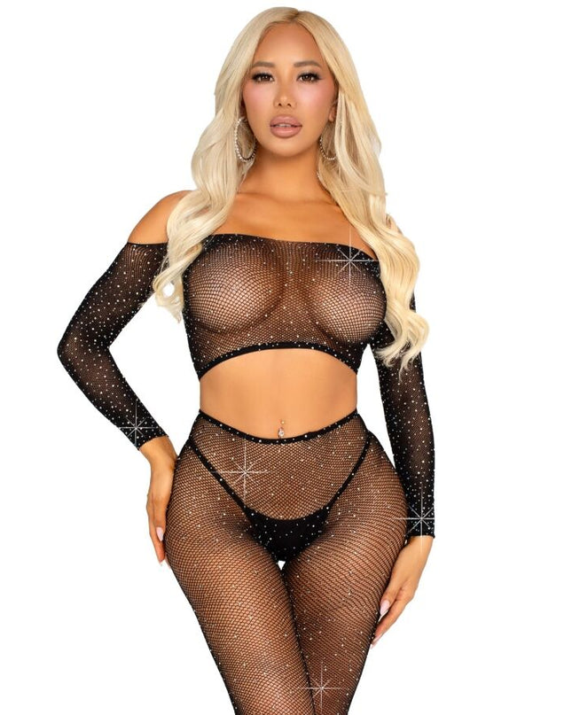 LEG AVENUE - CROP TOP AND FISHNET LEGGING WITH RHINESTONES BLACK