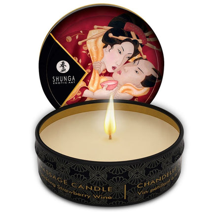 SHUNGA - MINI CARESS BY CANDELIGHT LUMÂNARE DE MASAJ CU CĂPȘUNI ȘI CAVA 30 ML