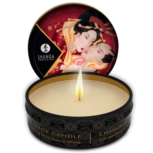 SHUNGA - MINI CARESS BY CANDELIGHT LUMÂNARE DE MASAJ CU CĂPȘUNI ȘI CAVA 30 ML